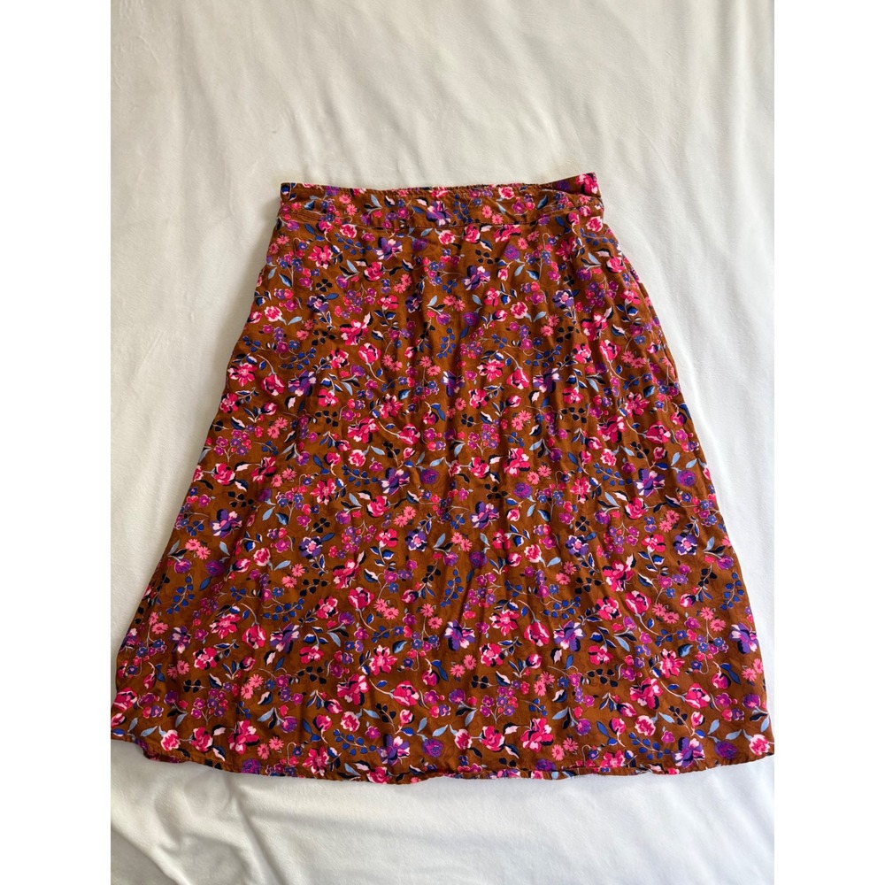 St. Johns Bay Brown Floral Midi Skirt Petite Large Elastic Waist Pockets PL